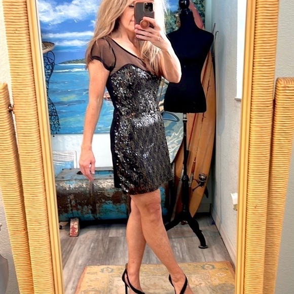 Bell du Jour Black Sequin Mesh Illusion Cocktail Mini Dress Party  Size XS - Picture 6 of 7